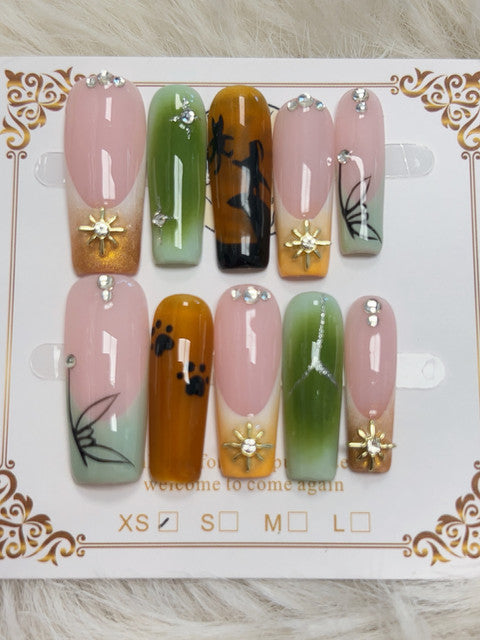 Sage Ombre Tortoiseshell Sun Charm Long Coffin Press-On Nails - handmade long coffin press-on nails
