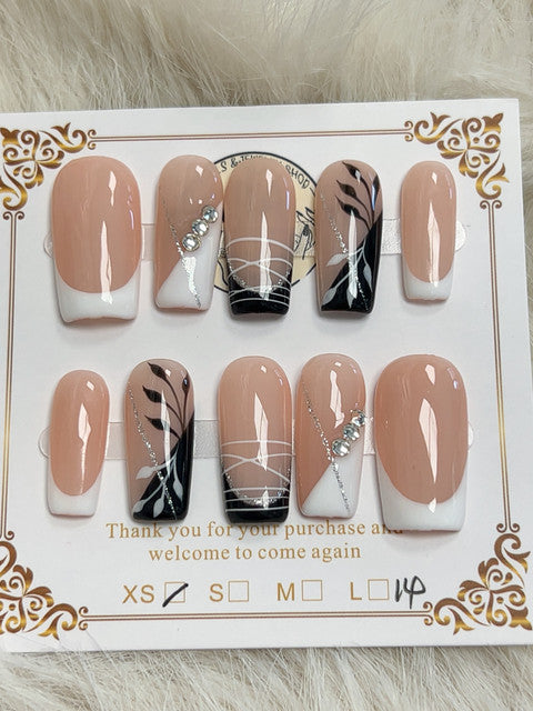 Minimal Black Leaf French Short Square Press-On Nails - handmade short square press-on nails