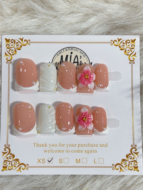 Peach Blossom Shell French Short Square Press-On Nails - handmade short square press-on nails