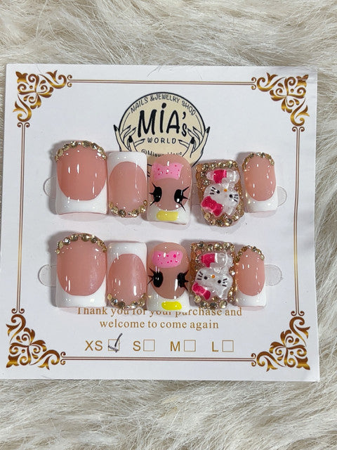 Gold Rhinestone Cute Cat French Short Square Press-On Nails - handmade short square press-on nails