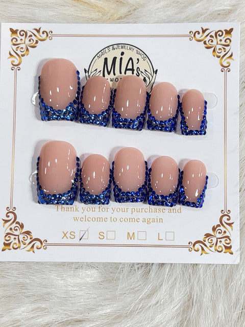 Sapphire Blue Rhinestone Border Short Square Press-On Nails - handmade short square press-on nails