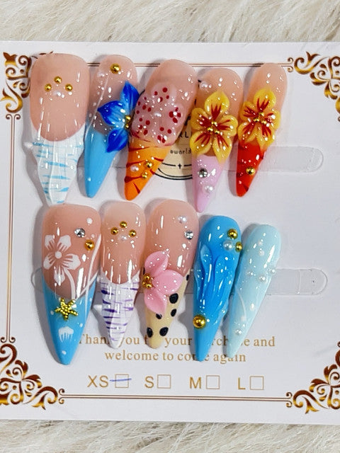 Tropical Floral Ocean Stiletto Press-On Nails - handmade long stiletto press-on nails
