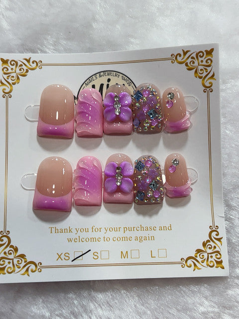 Purple Floral Crystal handmade press-on nails - image 2