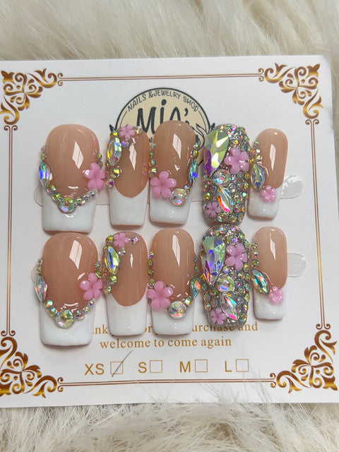 Crystal Pink Floral French Short Square Press-On Nails - handmade short square press-on nails