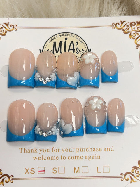 Blue Flower French Short Square Press-On Nails - handmade short square press-on nails