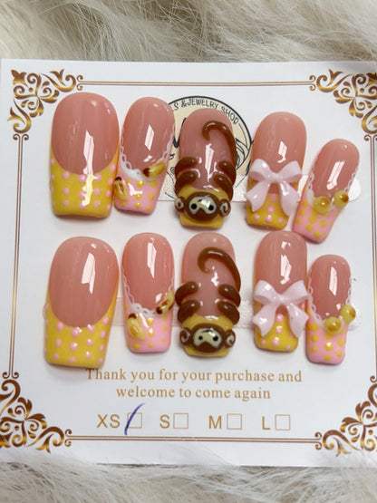 Cute Sloth Bow Polka Dot Short Square Press-On Nails - handmade short square press-on nails
