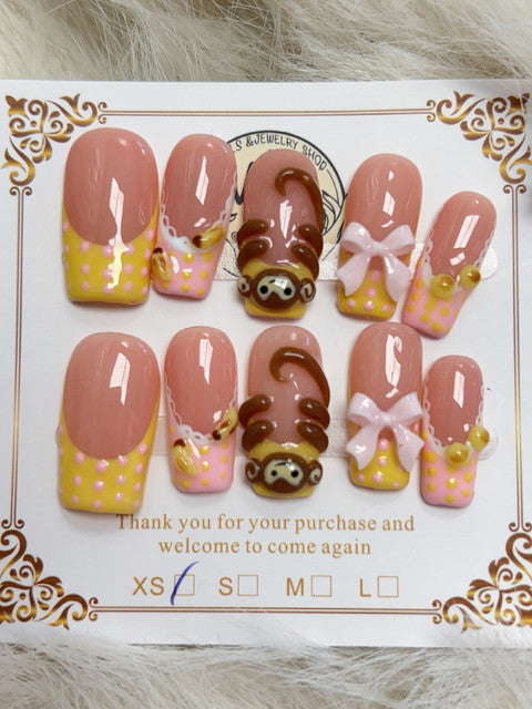 Cute Sloth Bow Polka Dot Short Square Press-On Nails - handmade short square press-on nails