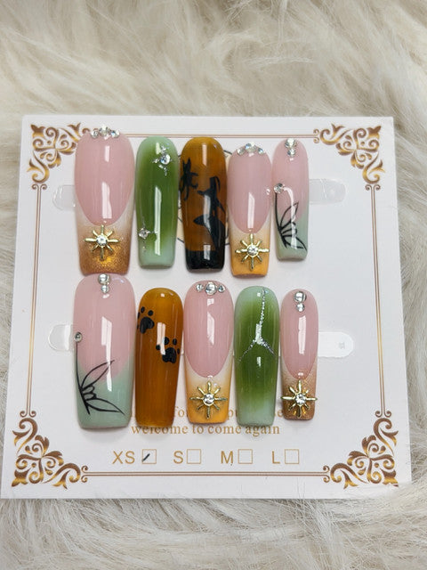 Sage Ombre Tortoiseshell Sun Charm Long Coffin Press-On Nails - handmade long coffin press-on nails