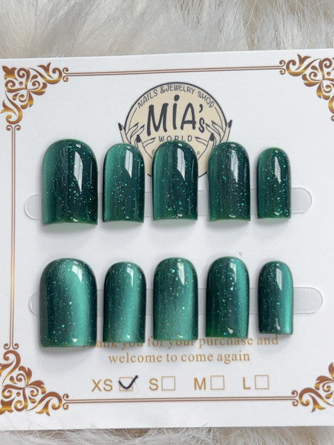 Emerald Glitter Short Square Press-On Nails - handmade short square press-on nails