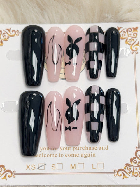 Black Bunny Checker Long Coffin Press-On Nails - handmade long coffin press-on nails