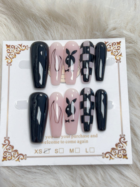 Black Bunny Checker Long Coffin Press-On Nails - handmade long coffin press-on nails