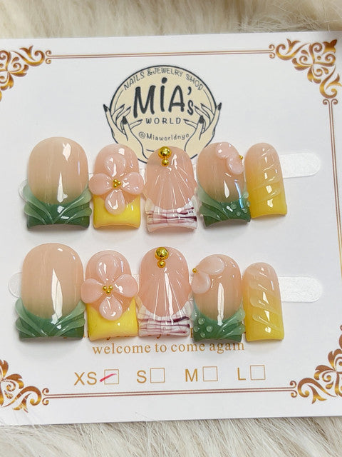 Yellow Green Garden Flower Short Square Press-On Nails - handmade short square press-on nails