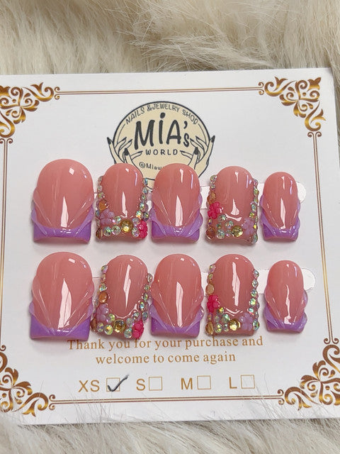 Pink Purple Shell Rhinestone Short Square Press-On Nails - handmade short square press-on nails