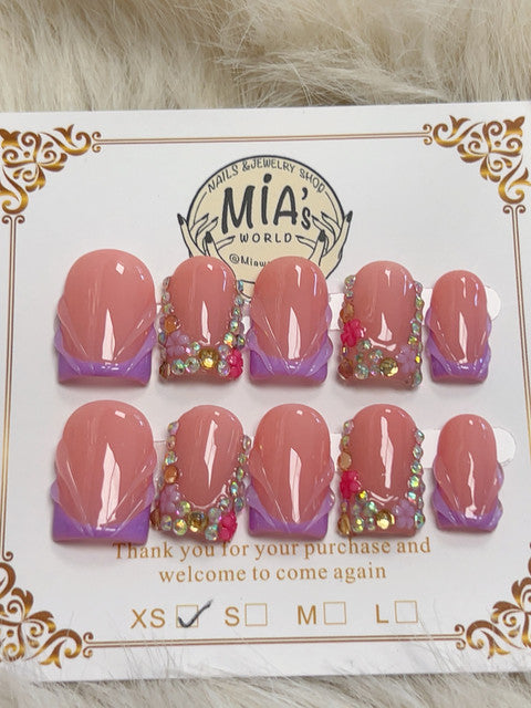 Pink Purple Shell Rhinestone Short Square Press-On Nails - handmade short square press-on nails
