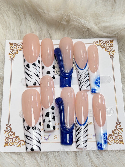 Blue Zebra Mix Long Square Press-On Nails - handmade long square press-on nails