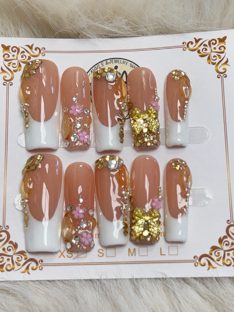 Gold Bow Crystal White French Short Square Press-On Nails - handmade short square press-on nails