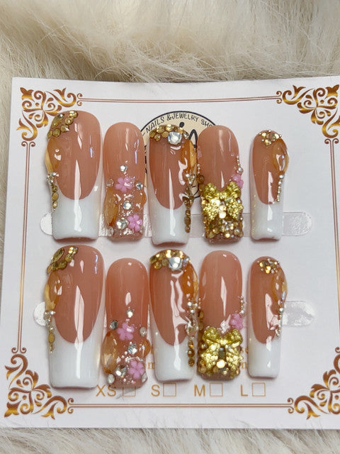 Gold Bow Crystal White French Short Square Press-On Nails - handmade short square press-on nails