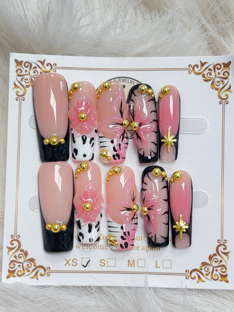 Pink Butterfly Leopard Gold Stud Long Coffin Press-On Nails - handmade long coffin press-on nails