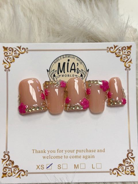 Hot Pink Floral Rhinestone Short Square Press-On Nails - handmade short square press-on nails