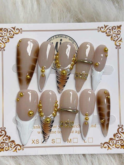 Neutral Tiger Stripe Gold Charm Stiletto Press-On Nails - handmade long stiletto press-on nails