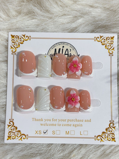 Peach Blossom Shell French Short Square Press-On Nails - handmade short square press-on nails