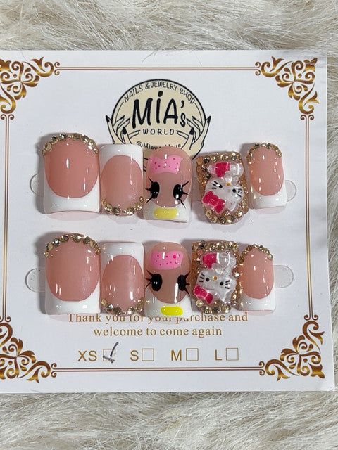 Gold Rhinestone Cute Cat French Short Square Press-On Nails - handmade short square press-on nails