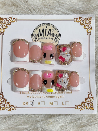 Gold Rhinestone Cute Cat French Short Square Press-On Nails - handmade short square press-on nails