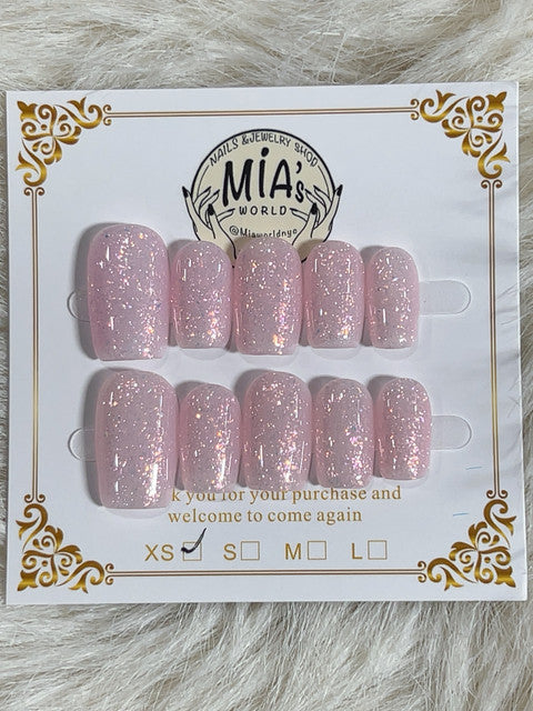 Pink Glitter Jelly Short Square Press-On Nails - handmade short square press-on nails