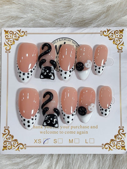 Black Cat Polka Dot French Short Almond Press-On Nails - handmade short almond press-on nails
