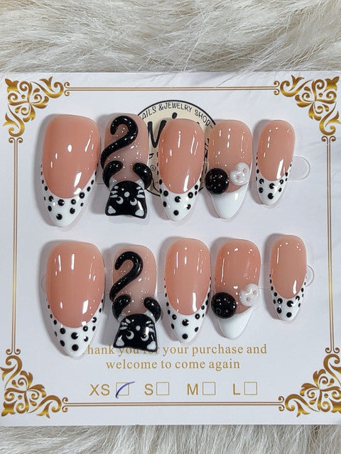 Black Cat Polka Dot French Short Almond Press-On Nails - handmade short almond press-on nails