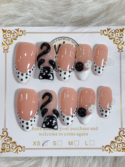 Black Cat Polka Dot French Short Almond Press-On Nails - handmade short almond press-on nails