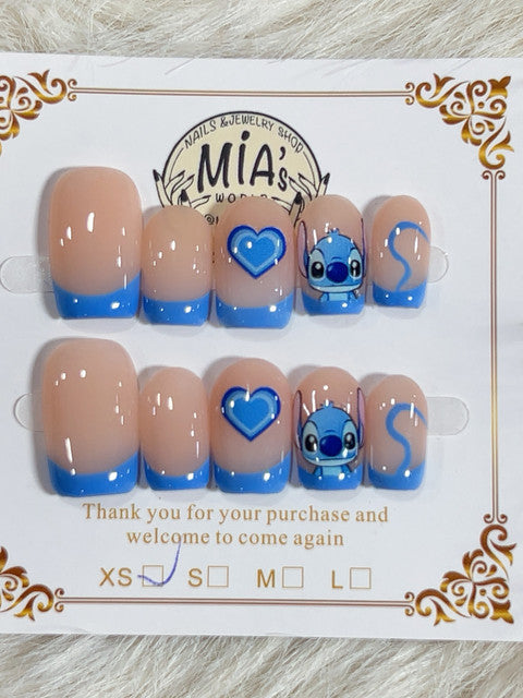 Blue Heart Character French Short Square Press-On Nails - handmade short square press-on nails