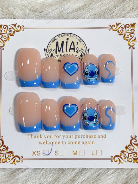 Blue Heart Character French Short Square Press-On Nails - handmade short square press-on nails