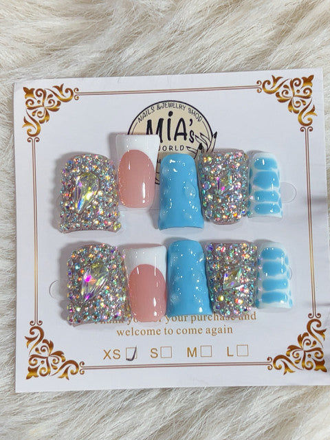 Blue Crystal Pool Sparkle Short Square Press-On Nails - handmade short square press-on nails