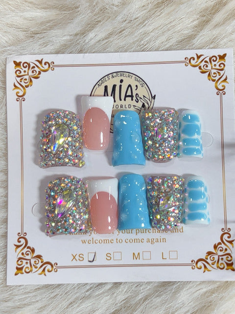 Blue Crystal Pool Sparkle Short Square Press-On Nails - handmade short square press-on nails