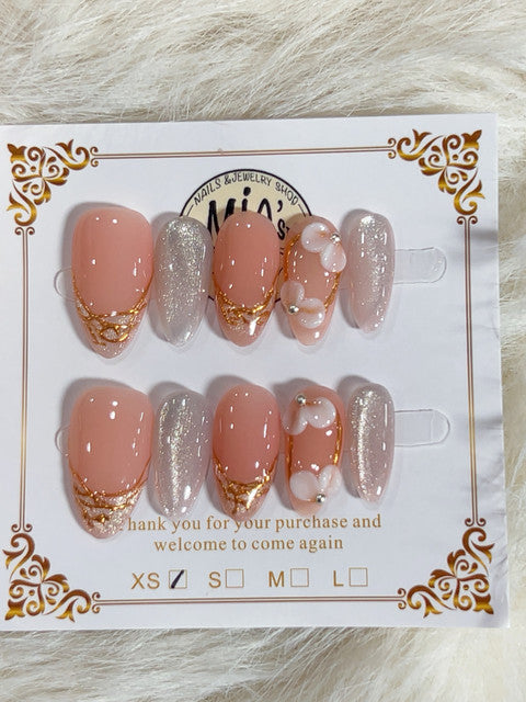Gold Floral Shimmer Short Almond Press-On Nails - handmade short almond press-on nails