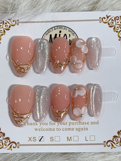 Gold Floral Shimmer Short Almond Press-On Nails - handmade short almond press-on nails