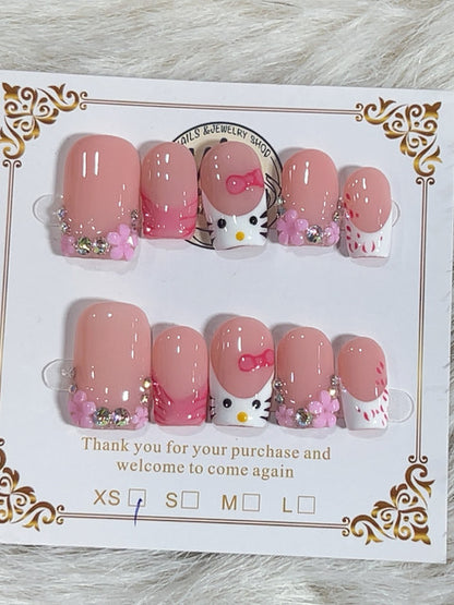 Pink Cat Bow Floral Short Square Press-On Nails - handmade short square press-on nails