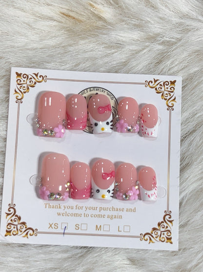 Pink Cat Bow Floral Short Square Press-On Nails - handmade short square press-on nails