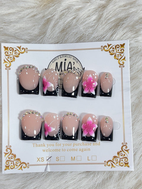 Black French Pink Flower Short Square Press-On Nails - handmade short square press-on nails