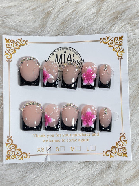 Black French Pink Flower Short Square Press-On Nails - handmade short square press-on nails