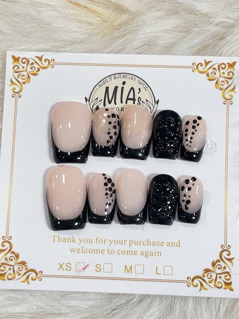 Black Dot French Short Square Press-On Nails - handmade short square press-on nails