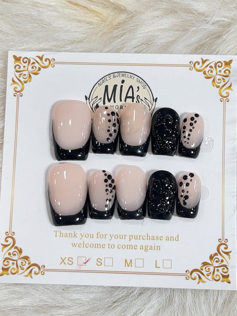 Black Dot French Short Square Press-On Nails - handmade short square press-on nails