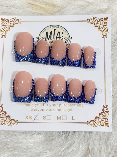 Sapphire Blue Rhinestone Border Short Square Press-On Nails - handmade short square press-on nails