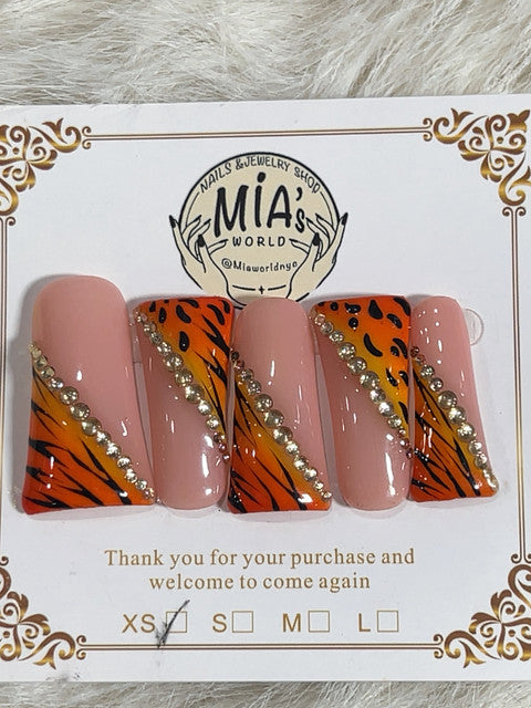 Orange Tiger Stripe Bling Short Square Press-On Nails - handmade short square press-on nails
