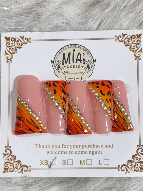 Orange Tiger Stripe Bling Short Square Press-On Nails - handmade short square press-on nails