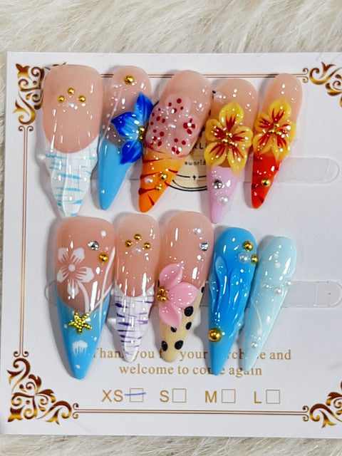 Tropical Floral Ocean Stiletto Press-On Nails - handmade long stiletto press-on nails