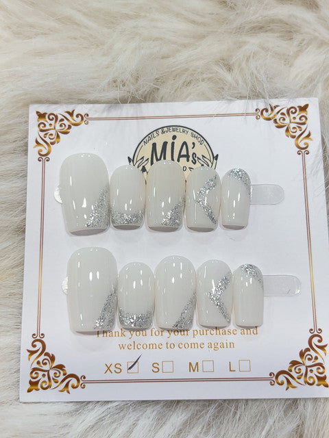 White Silver Glitter Short Square Press-On Nails - handmade short square press-on nails