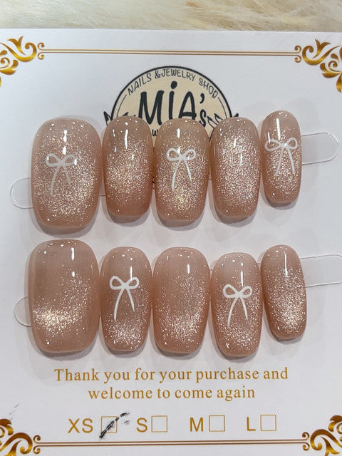 Champagne Bow Glitter handmade press-on nails - image 1