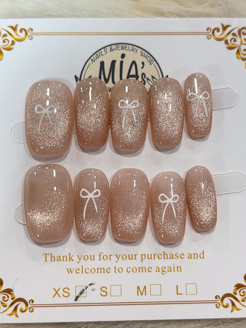 Champagne Bow Glitter handmade press-on nails - image 2